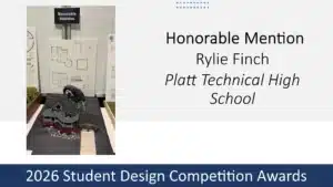 Honorable Mention award display featuring a detailed architectural house model with dark landscaping and a sculptural element, alongside presentation boards, created by Rylie Finch of Platt Technical High School for the 2026 Student Design Competition Awards.